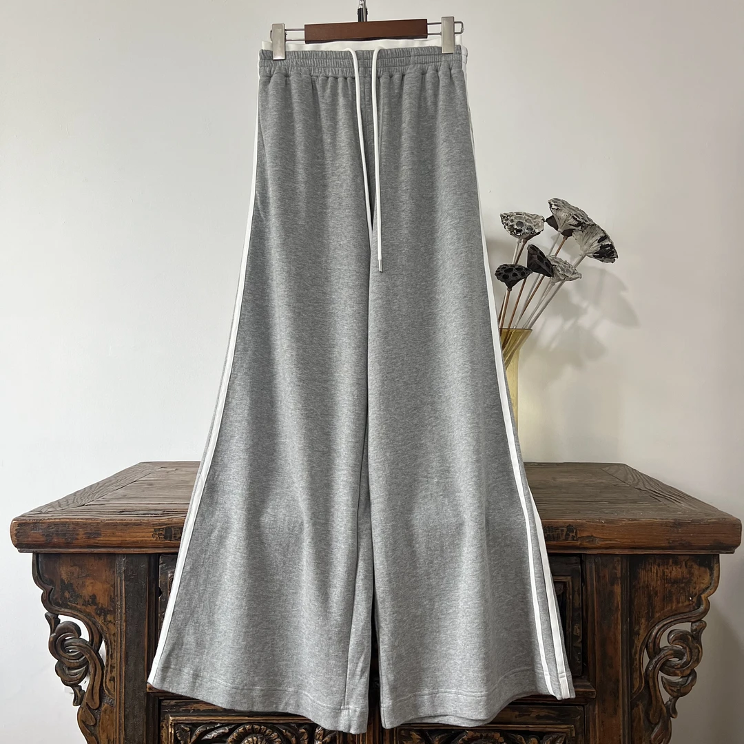 12灰色拼接假两件学院风透气阔腿法式休闲裤百搭拖地直筒裤