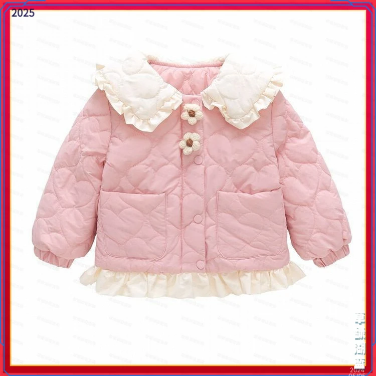 保暖宝宝加绒棉衣儿童娃娃领加厚棉服冬款冬季花朵纽扣