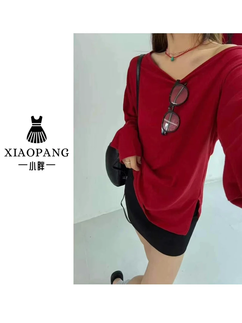 【小胖家】9912慵懒风红色斜肩长袖T恤