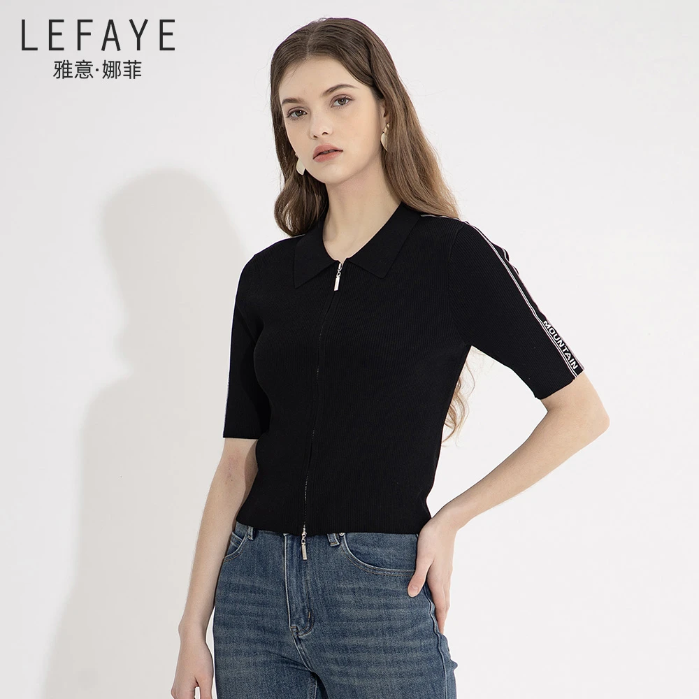 雅意娜菲2025年春夏新款翻领拉链针织开衫修身显瘦设计感五分袖女