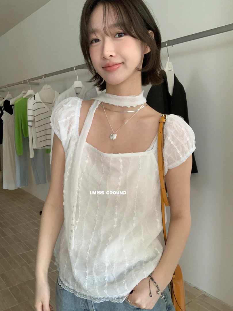 I.miss（80622#）简约气质挂脖一字肩小衫短袖