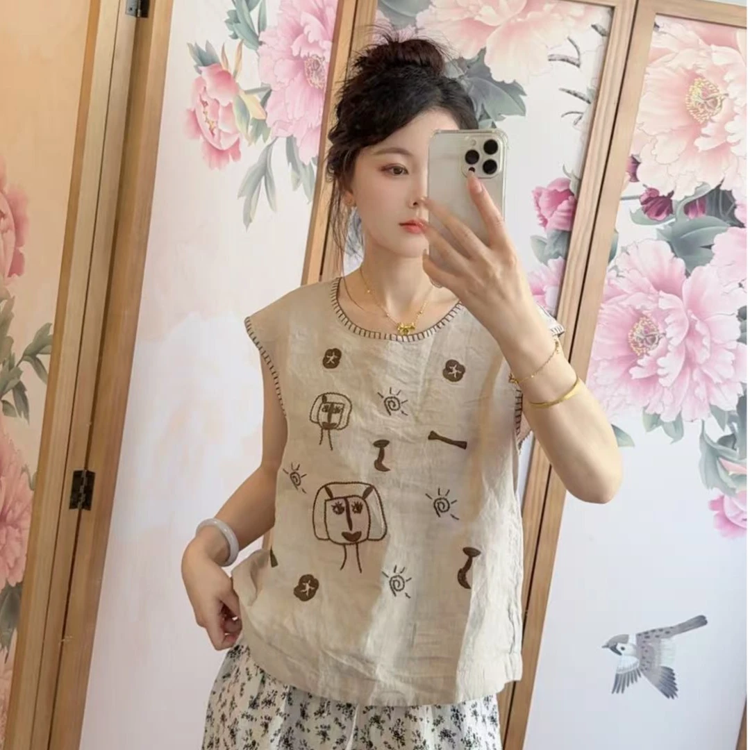 422 国风中式汉麻刺绣马夹女2025夏季新款百搭无袖女士背心马甲