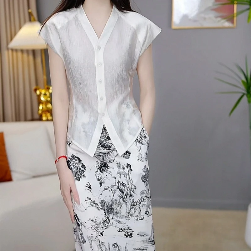 2025夏季新款高端时尚优雅清爽舒适薄款水墨画修身显瘦上下套装裙