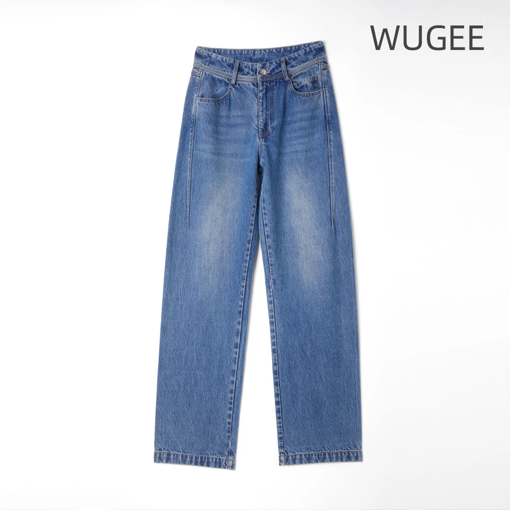 高级感穿搭树皮皱窄版直筒裤大牛品牌牛仔裤春季新款高腰时尚百搭