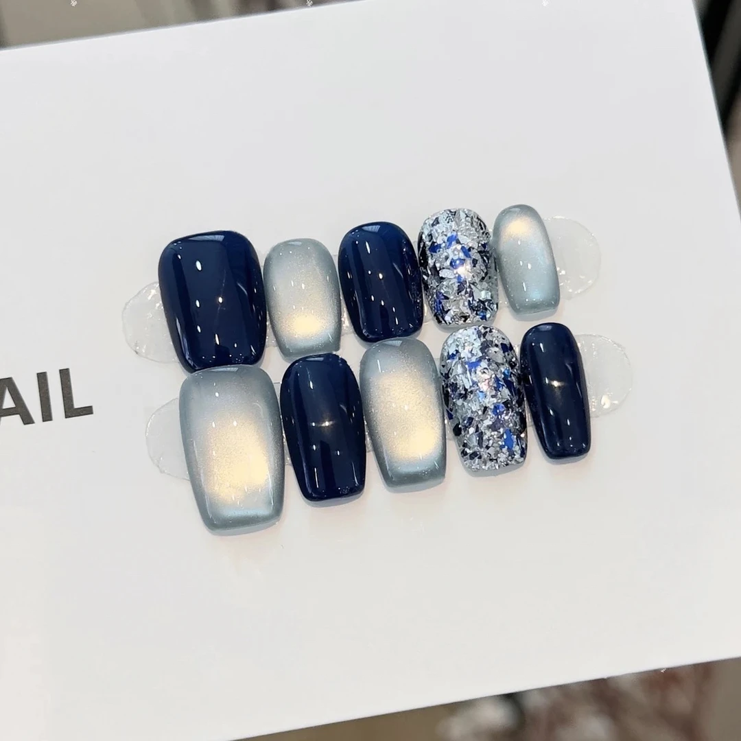 蓝色猫眼爆闪亮片可拆卸短款显白百搭秋冬穿戴甲