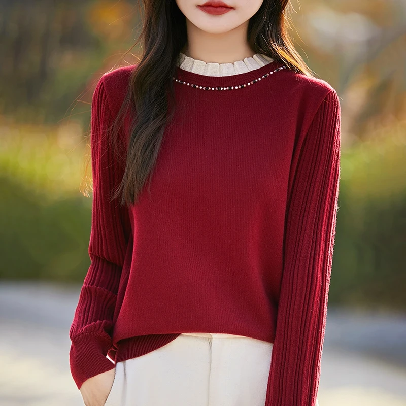 花边领钉珠针织打底衫女2025新款保暖洋气叠穿精纺绵羊毛秋冬新