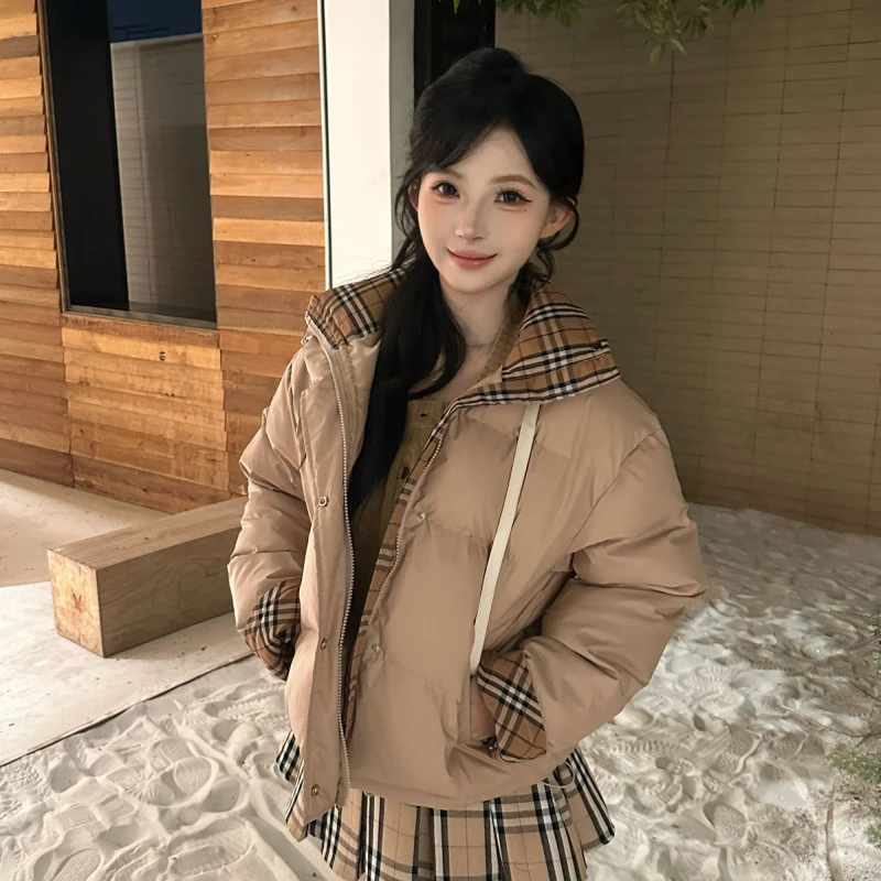 【中古画报】新款保暖短款秋冬宽松加厚复古格纹菱格时尚棉服5105