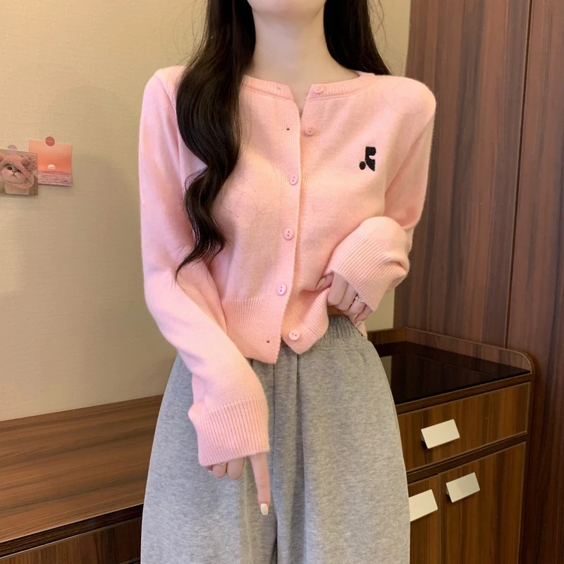 粉色针织开衫女2025春秋装穿搭短款毛衣外套小个子慵懒外穿上衣