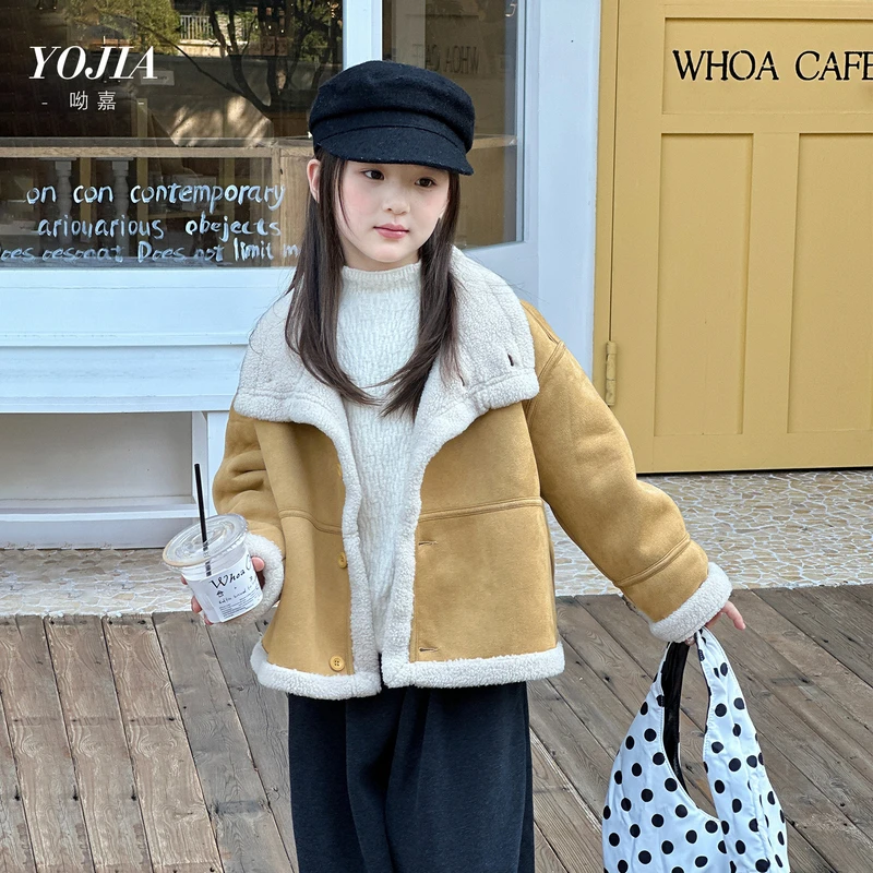YOJIA女童皮衣外套冬季2025新款洋气皮毛一体夹克儿童装冬装上衣
