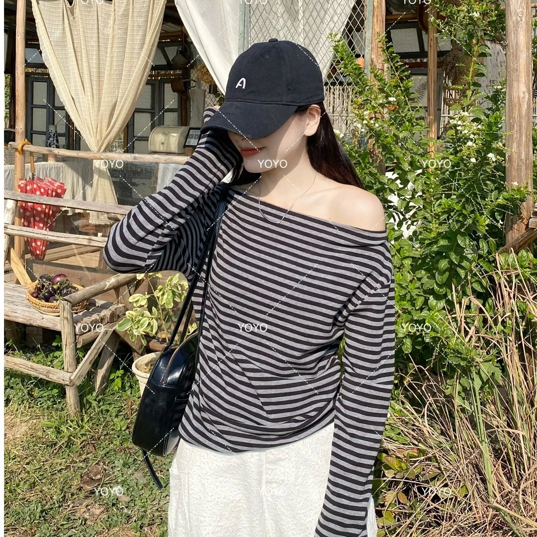 艺等秋季新款慵懒风条纹显瘦露肩设计感斜肩气质小众百搭纯欲上衣