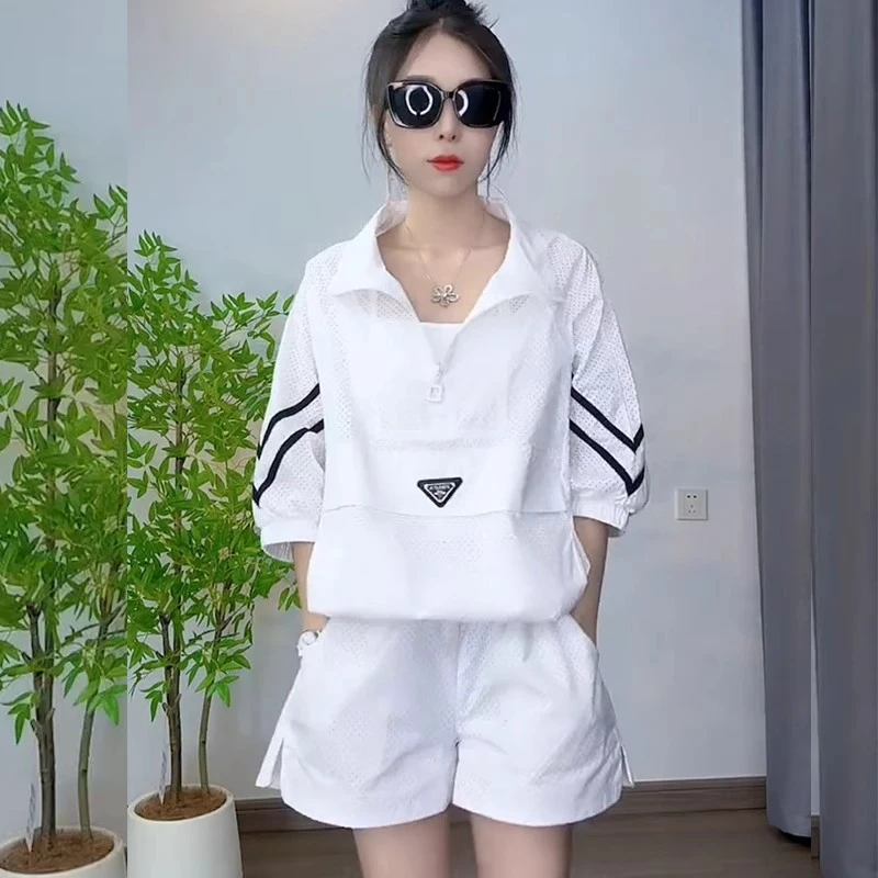 欧洲站网红夏季新款时尚休闲运动服套装女薄款防晒衣短裤两件套女