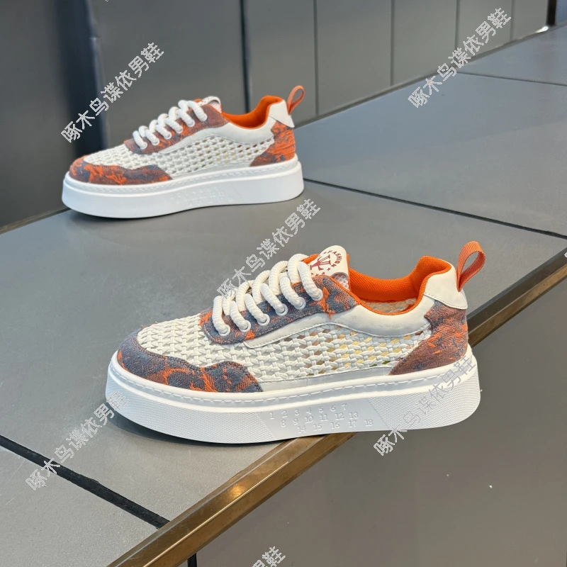 啄木鸟欧洲站轻奢男鞋夏季刺绣印花时尚潮流休闲鞋编织镂空网面透