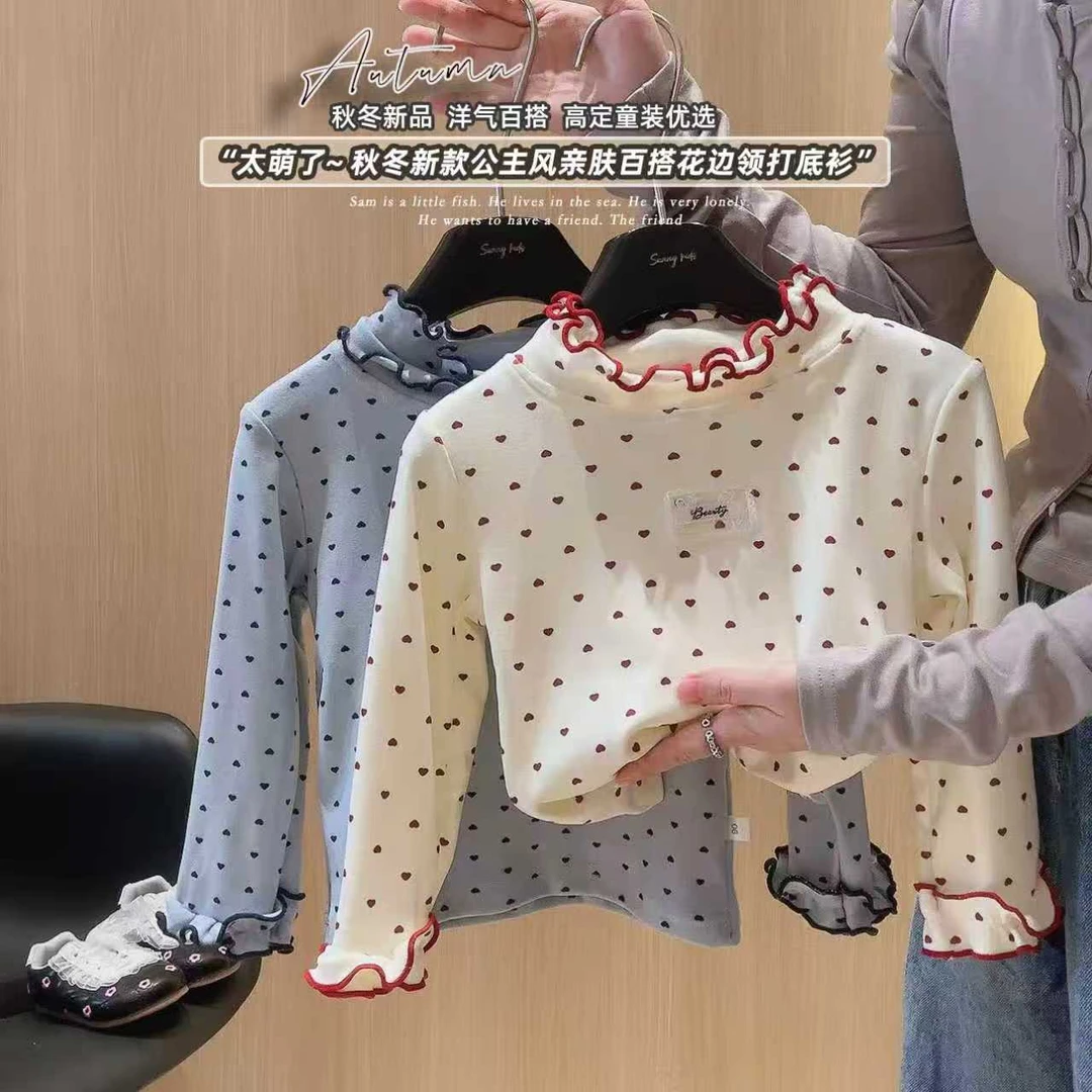 2025女童秋冬新款半高领爱心甜美上衣公主风百搭花边领长袖打底衫