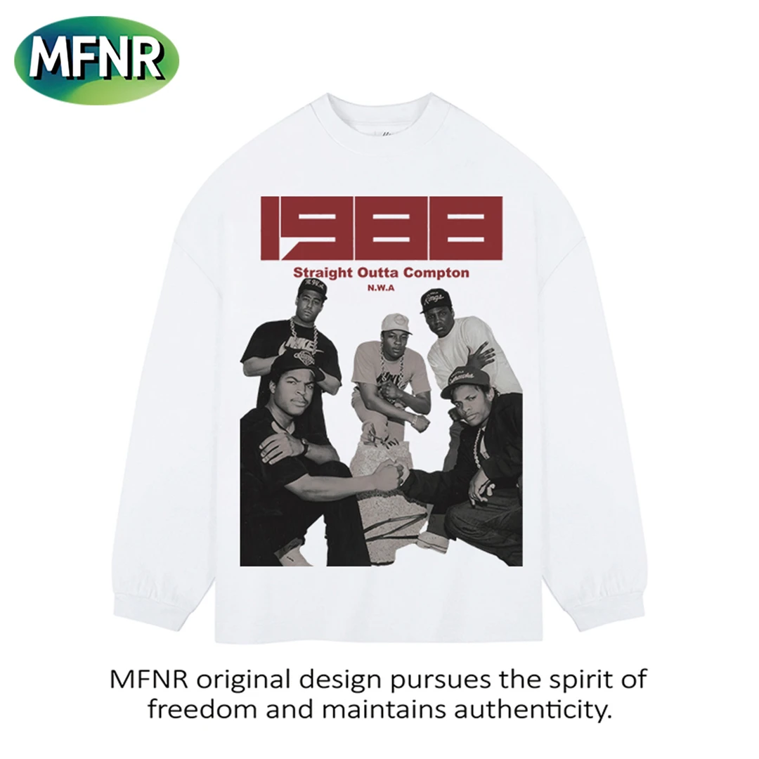 美式复古人像印花长袖男街头百搭秋冬纯棉圆领宽松打底衫T恤上衣