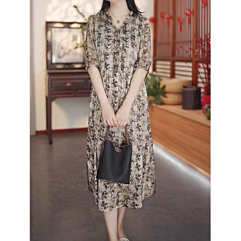 【春葩丽藻】夏季新款优雅大气显瘦气质真丝桑蚕丝连衣裙12527
