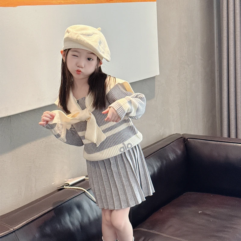 【月灵】WWLL定制女宝宝秋装女童毛衣开衫裙子2件套学院风毛衣套装