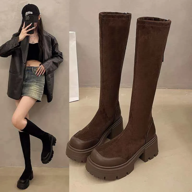 新款圆头粗跟舒适厚底不累脚百搭款长款女靴B72-3