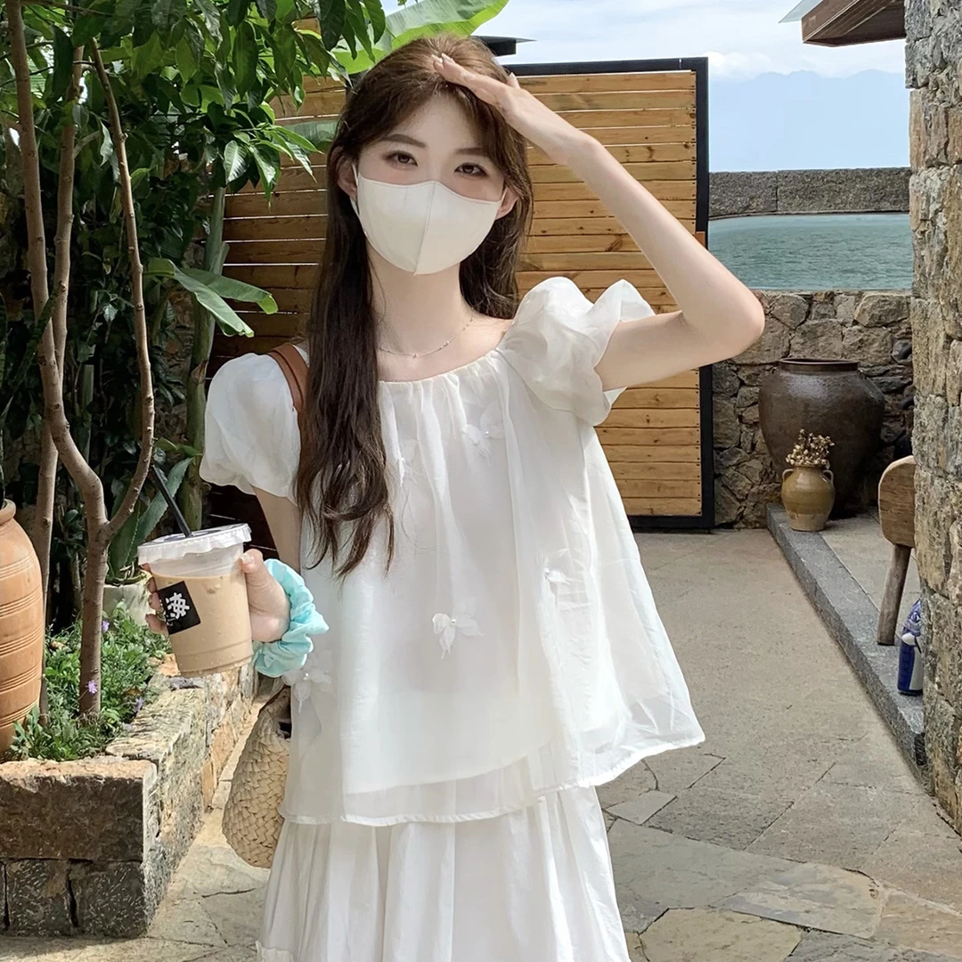 立体蝴蝶雪纺衬衫女夏季新款少女宽松泡泡袖上衣显瘦女衬衣潮