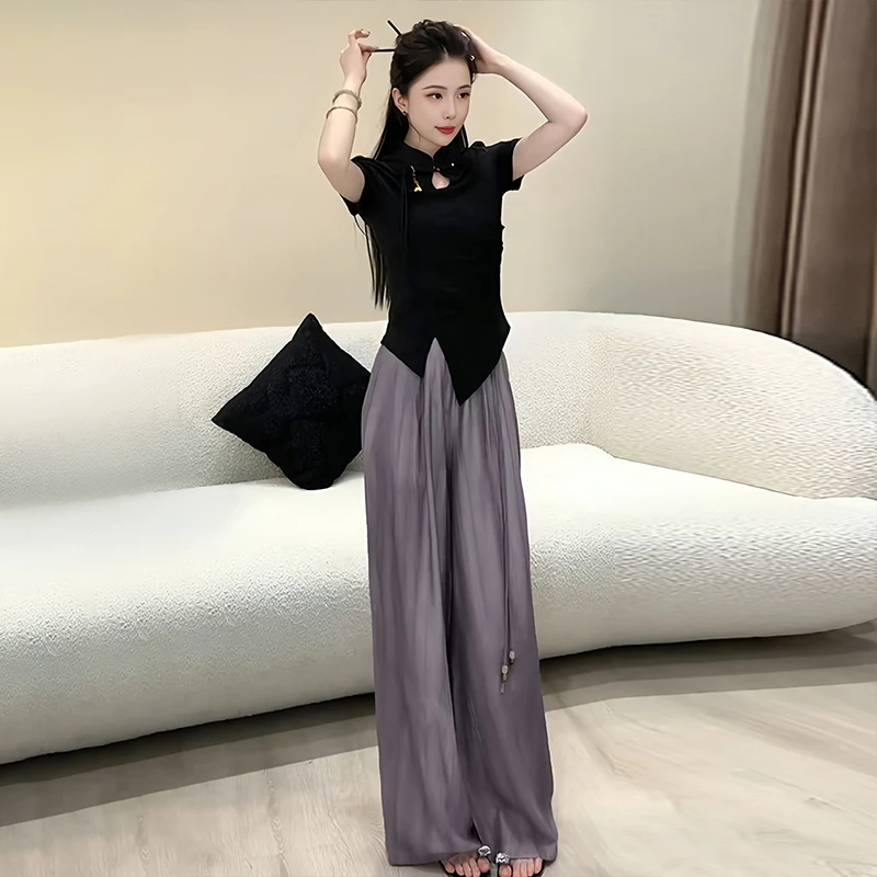 新中式复古两件套女国风时尚镂空提花不规则T恤+松紧腰宽松阔腿裤
