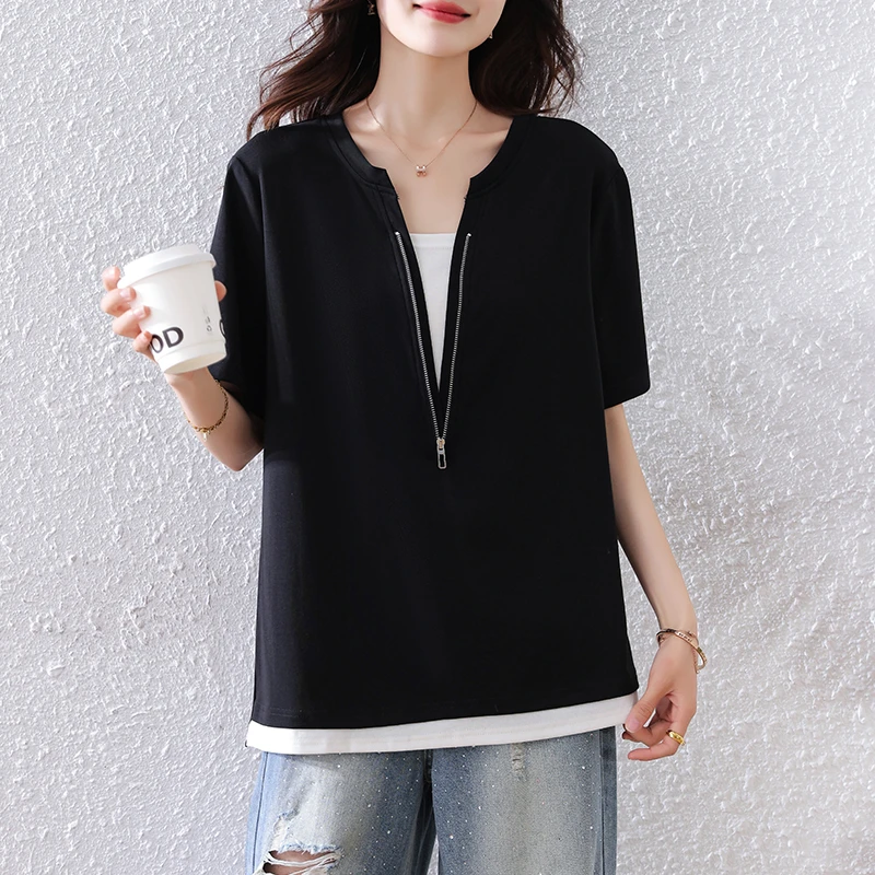 【女神新衣】v领短袖t恤女夏季2025新款宽松显瘦减龄女士半袖上衣