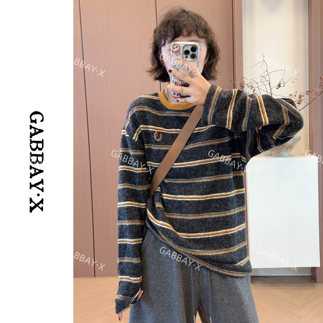 加贝信2025秋冬季加厚毛针织衫撞色条纹休闲宽松型百搭长袖上衣女