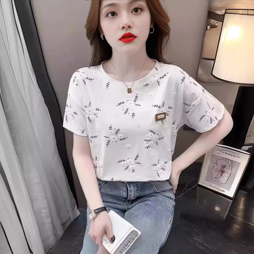 大码女装印花女士T恤短袖韩版2025夏季新款发泡碎花宽松百搭上衣