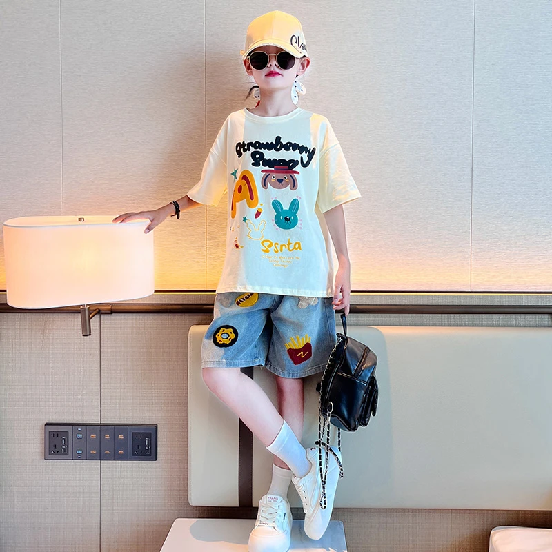 2025新款女童夏季套装女大童洋气卡通T恤短袖短裤两件套6-12岁潮