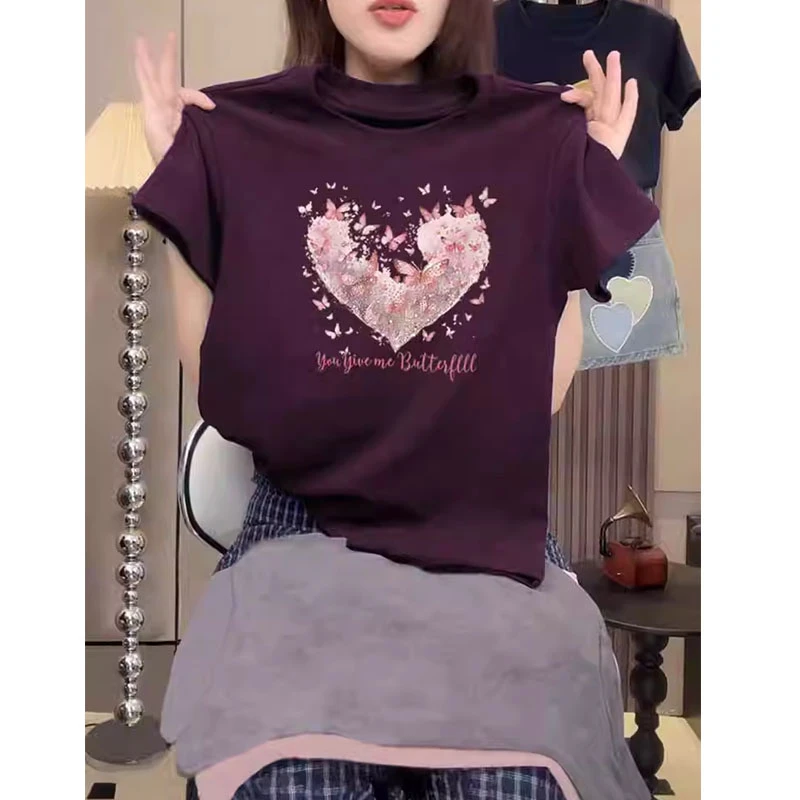 正肩圆领短袖t恤女小众时尚百搭白色显气质上衣基础款2025夏季潮