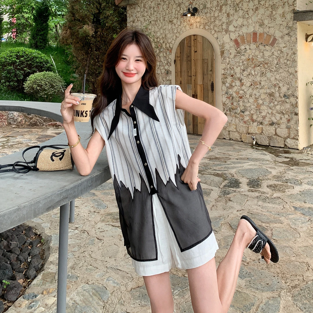 设计感条纹拼接无袖衬衫套装夏女2025新款时尚气质显瘦短裤两件套