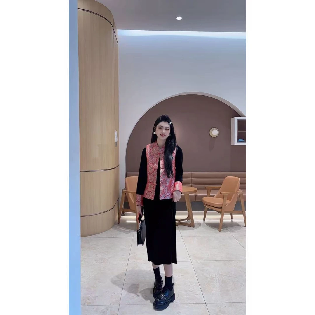 36900【夹心定制】马年马上有钱网红丝绒连衣裙新中式提花两件套