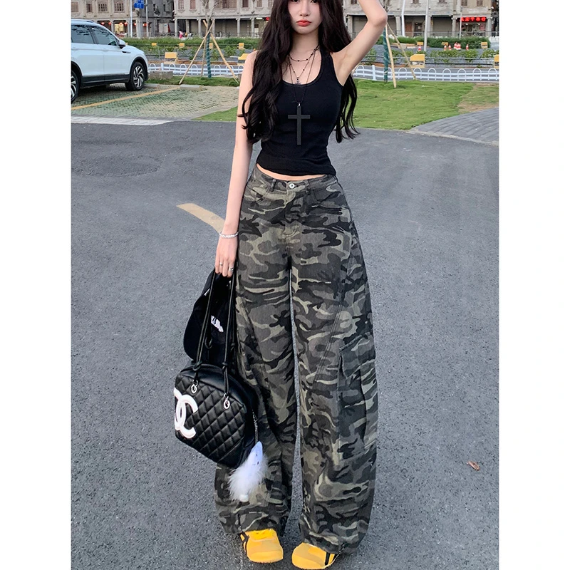 嘻哈风迷彩工装弯刀牛仔裤女2025秋季新款高腰宽松显瘦美式休闲裤