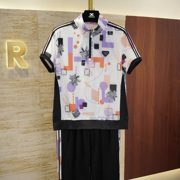 【白紫几何花立领短袖套装】时尚运动薄款短袖T恤显瘦女夏休闲套装