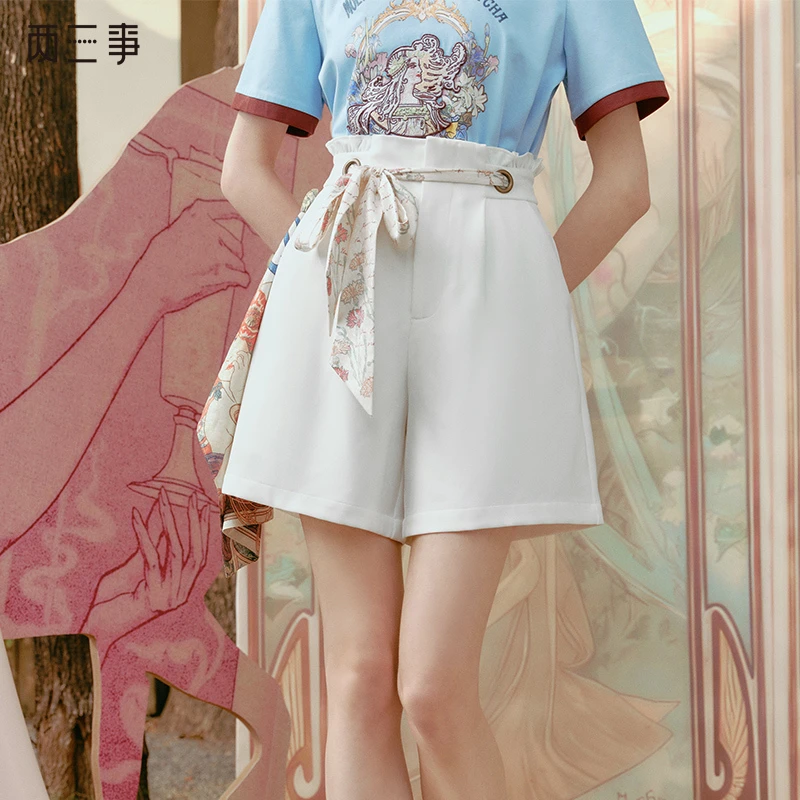 两三事绮珀秘语休闲印花绑带高腰短裤