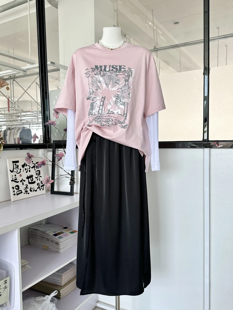 DAMEI-【冰袖T】SIS假两件冰袖防晒印花T恤短袖