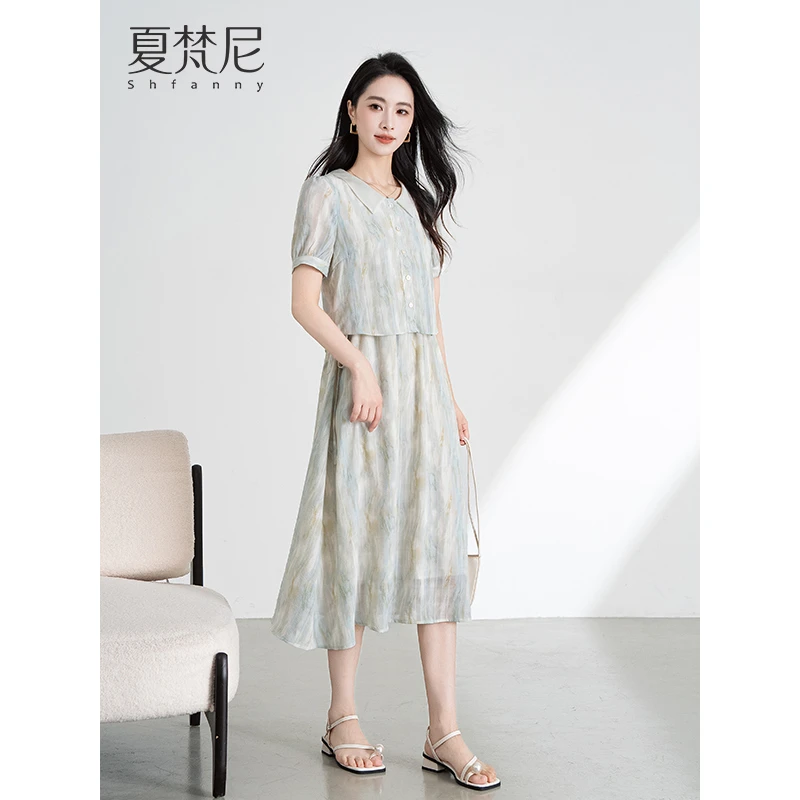 夏梵尼悠闲度夏2025年夏季新款假两件腰部抽绳百搭洋气连衣裙