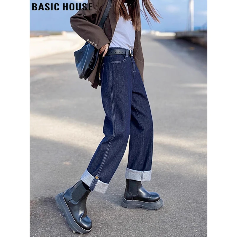 Basic House/百家好复古直筒小个子深蓝色阔腿裤慵懒风宽松牛仔裤