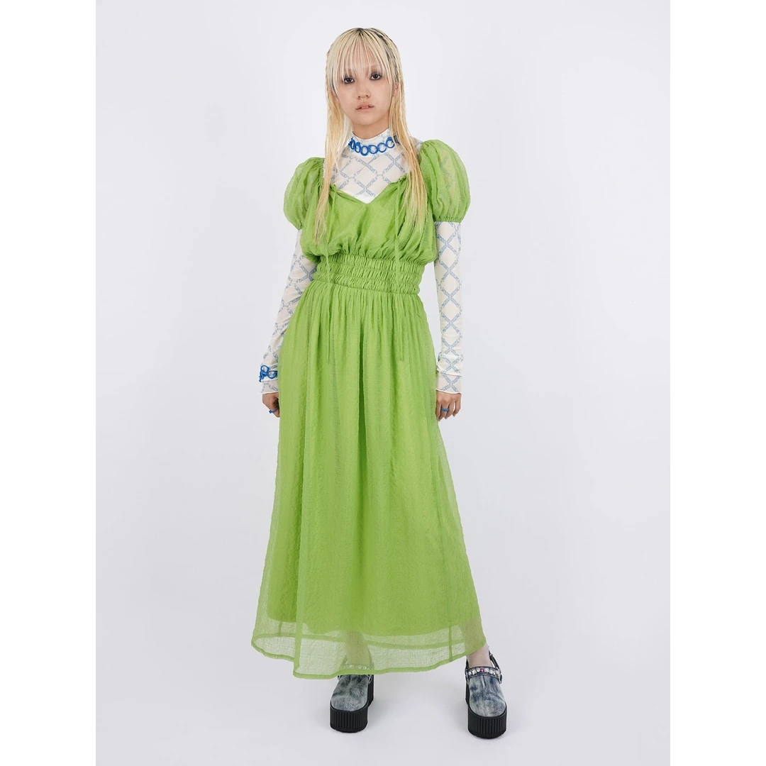 【六哥家】P 夏季新款 小众透明格纹柔软轻盈泡泡袖纯色连衣裙