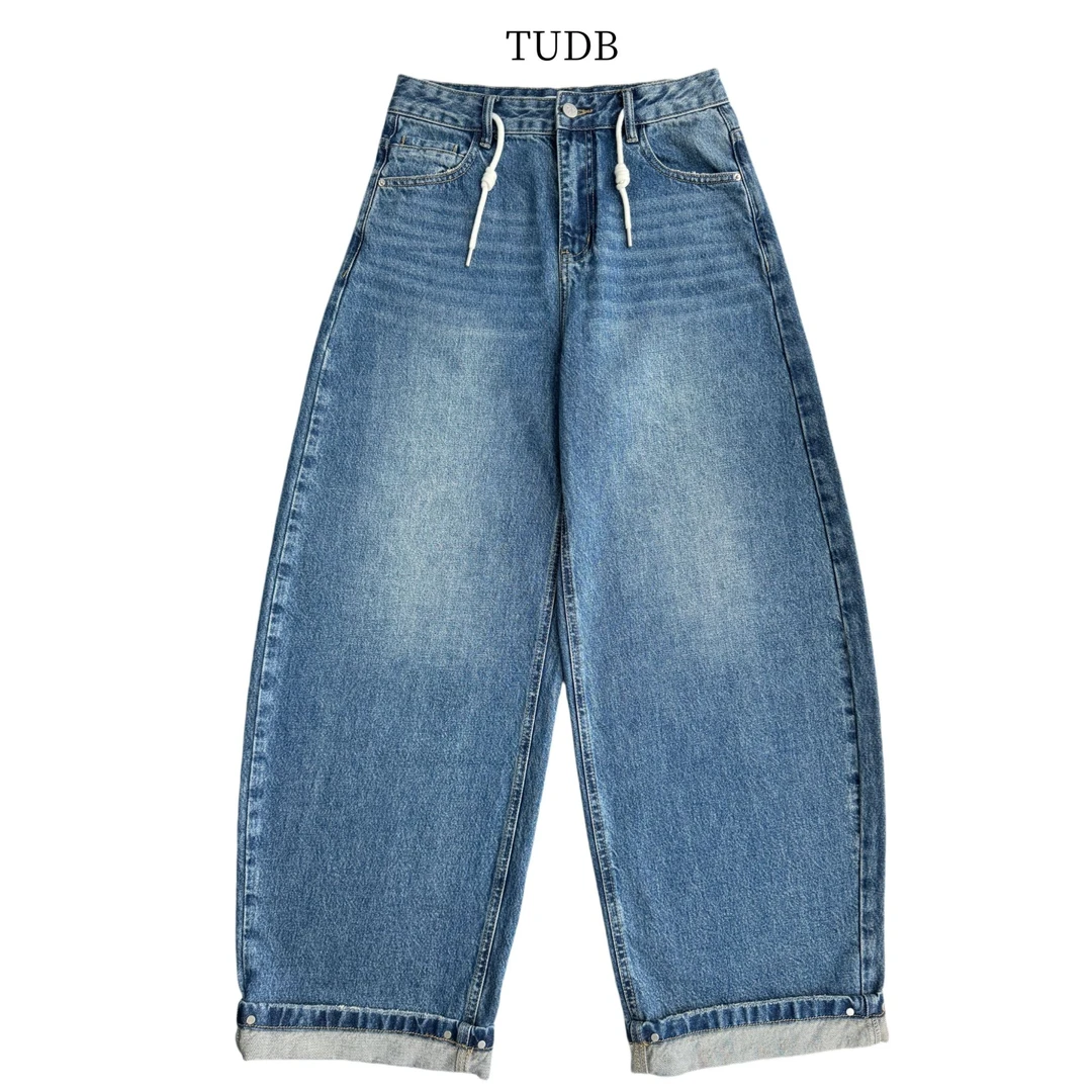 TUDB‘’0373‘’腰绳翻脚时尚拖地复古阔腿牛仔裤阔腿裤夏季