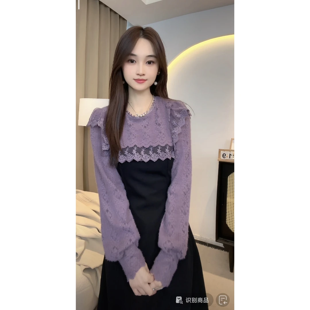 A617 洋气淑女风黑紫拼色长袖精致感连衣裙时髦减龄氛围感女装