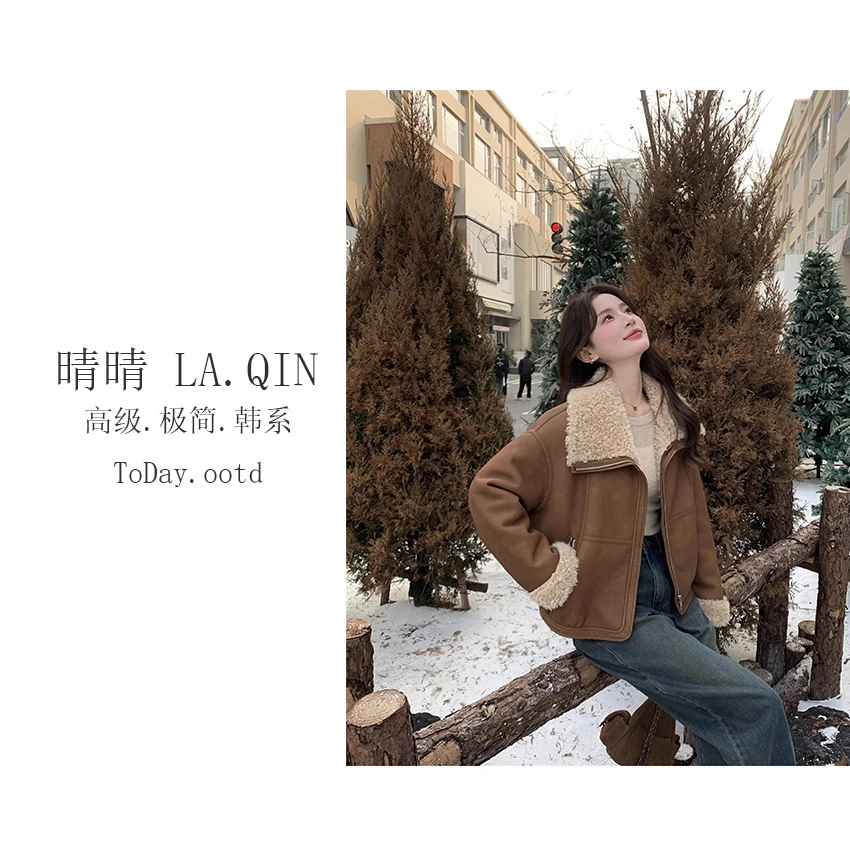 晴晴家 -【时髦韩范】冬季皮毛一体时尚翻领加厚棉服外套3285