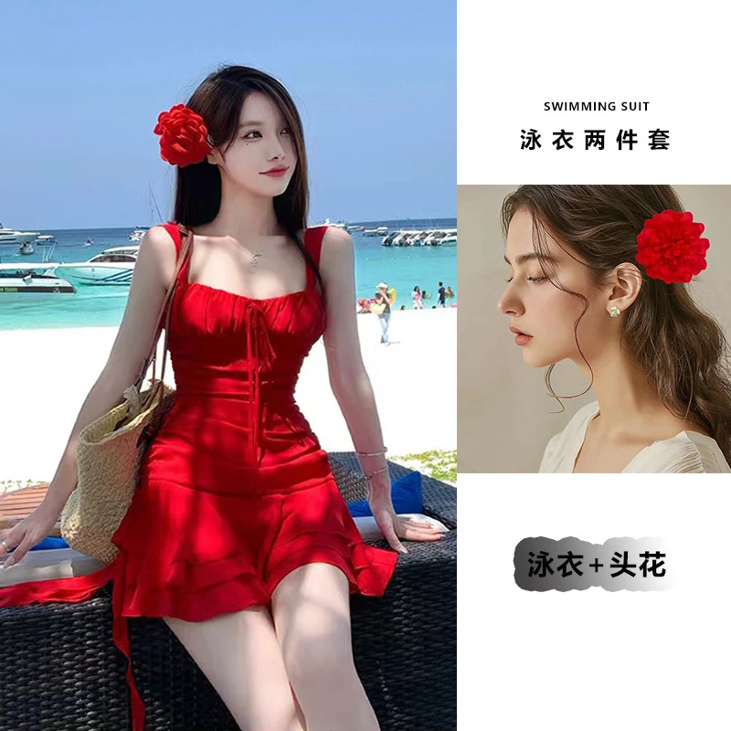 2025新款日系明媚红涤纶泳衣女连体遮肚显瘦纯欲学生沙滩度假红色