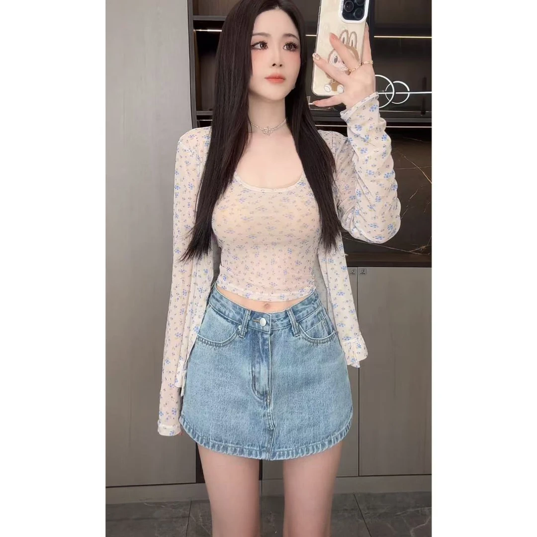 曼曼 【随性蓝调~】早秋复古牛仔包臀裙 带内衬裤裙半身裙