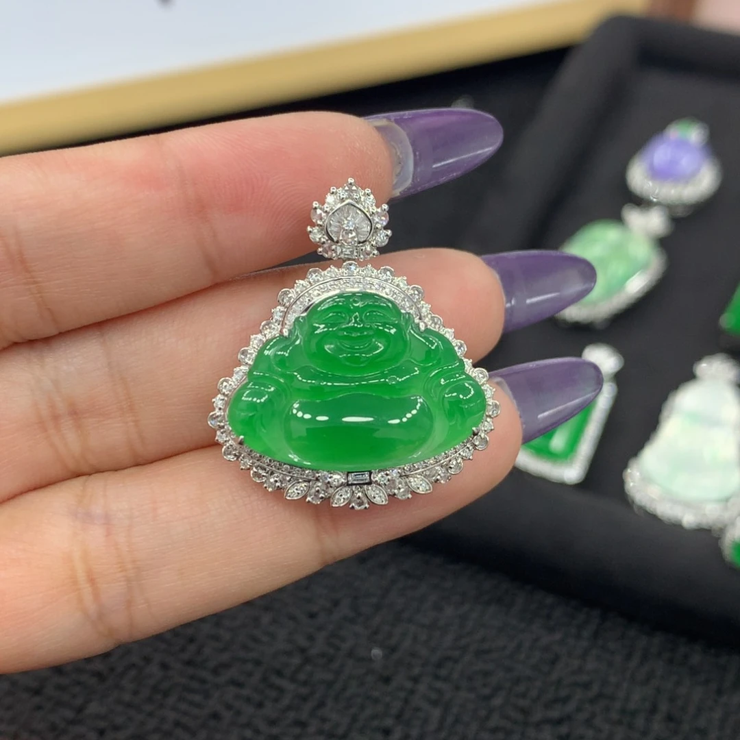 18K金镶嵌翡翠耳饰一***妹佛公