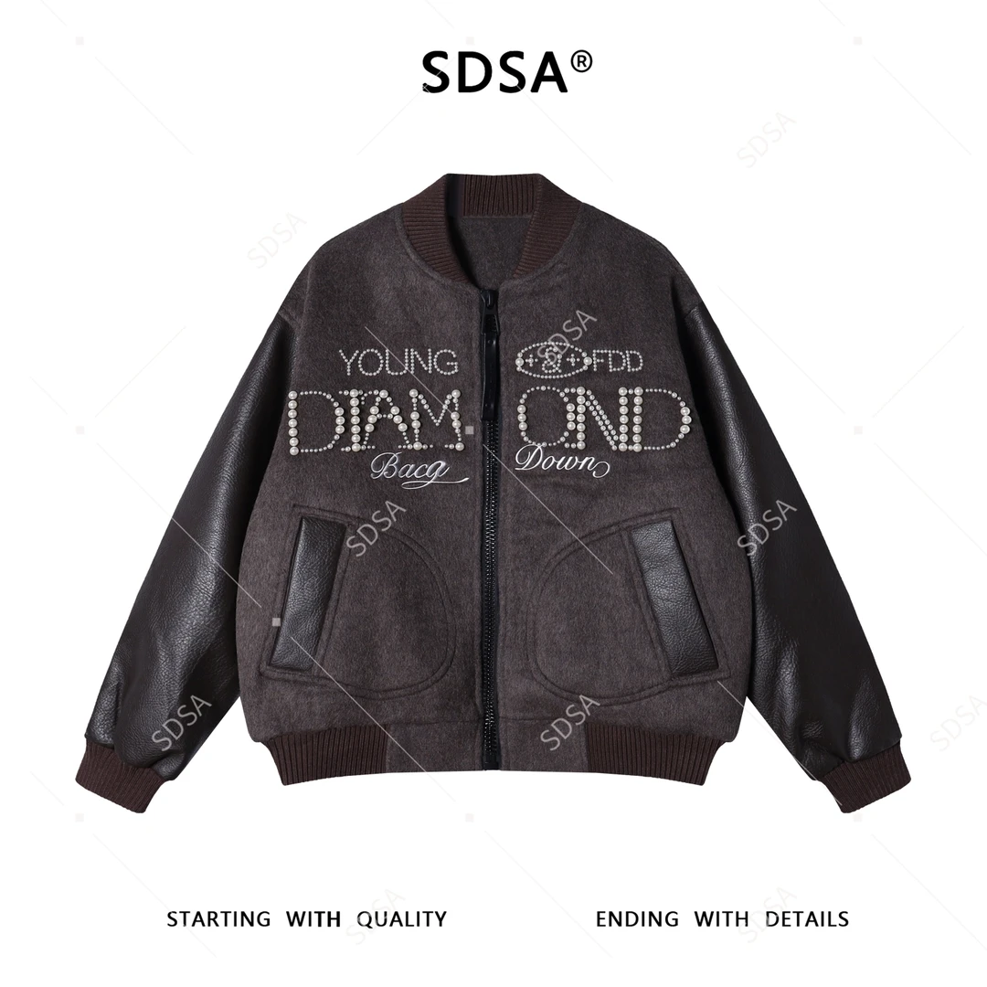 SDSA秋冬新款痞帅男装美式拼皮镶珠子字母设计棒球领羽绒服百搭