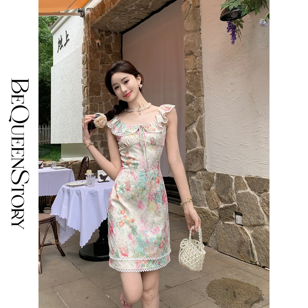 余潇潇【倾城油画】重工浪漫印花刺绣荷叶边收腰短款连衣裙