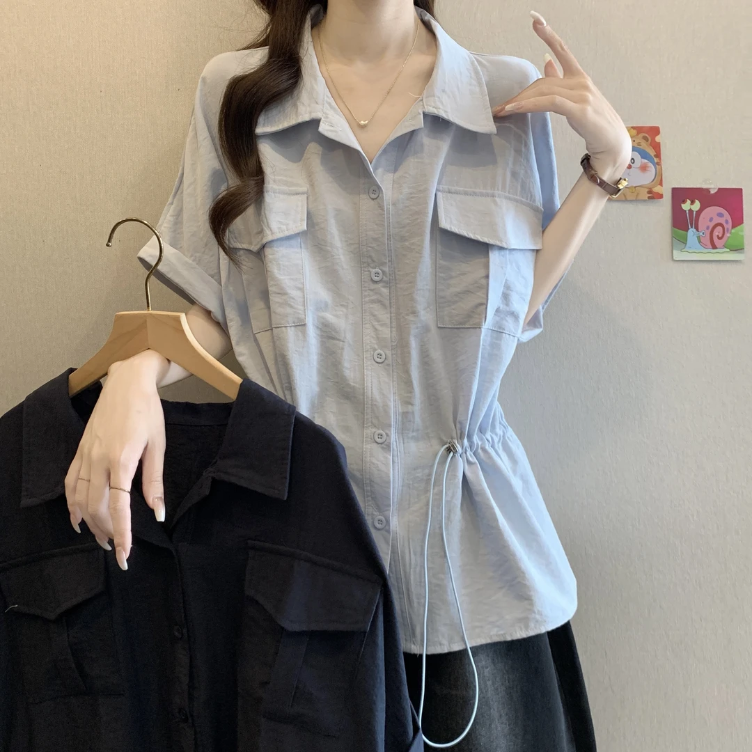 大码女装遮肚子PLOL领工装小众衬衫女夏季胖妹妹显瘦抽绳休闲上衣