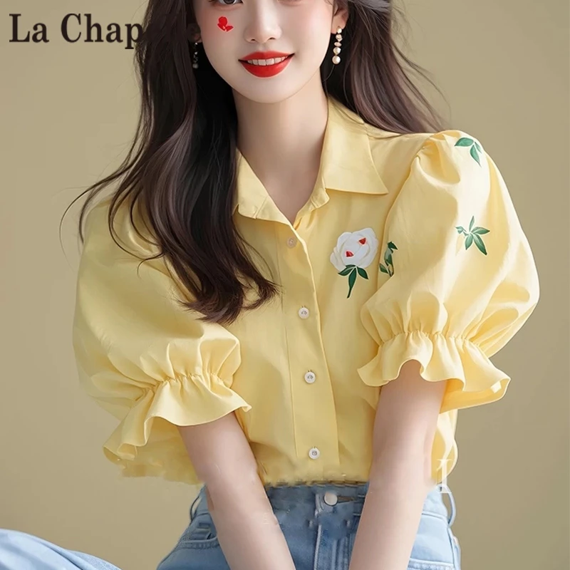 拉夏贝尔甜美泡泡袖印花衬衫女2025夏季新款时尚减龄洋气短袖上衣