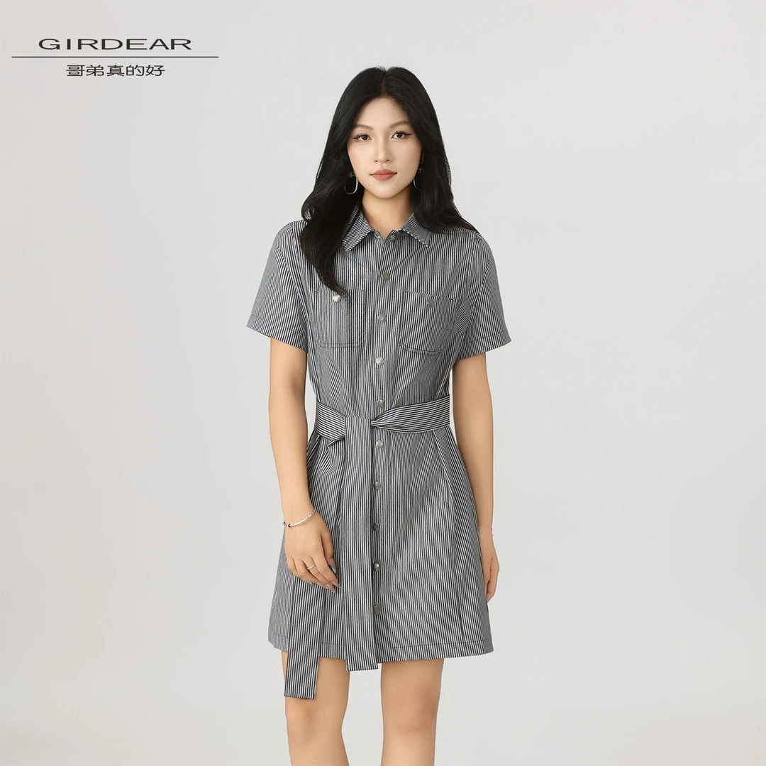 GIRDEAR/哥弟真的好新款条纹百搭衬衫裙显瘦中长款连衣裙850002