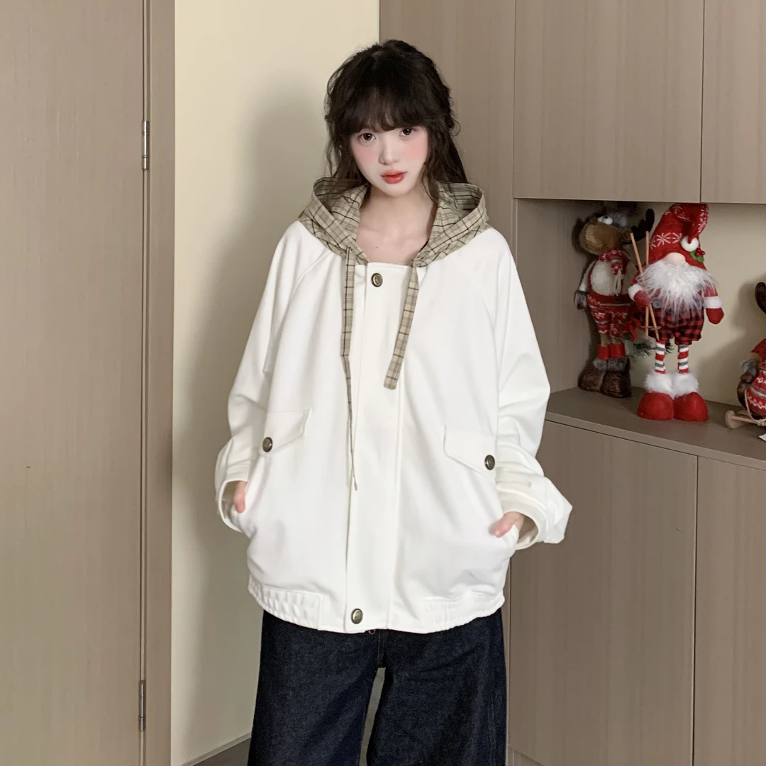 EZEK春季新款2025韩系早春拼接格子连帽外套穿搭出街甜妹潮流女