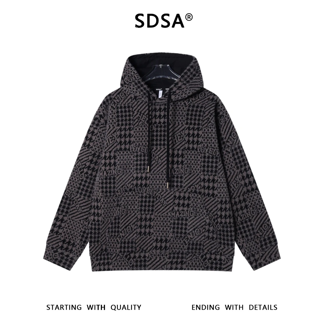 SDSA秋冬新款痞帅男装简约撞色字母绒毛抽绳连帽卫衣百搭宽松上衣